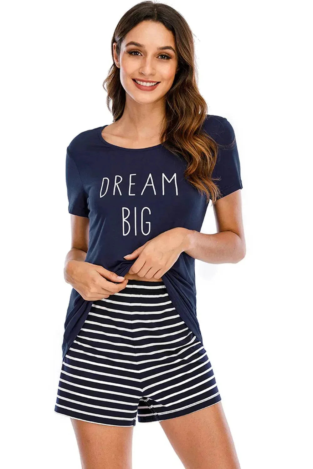 Graphic Round Neck and Striped Shorts Lounge Set - Bona Fide Fashion