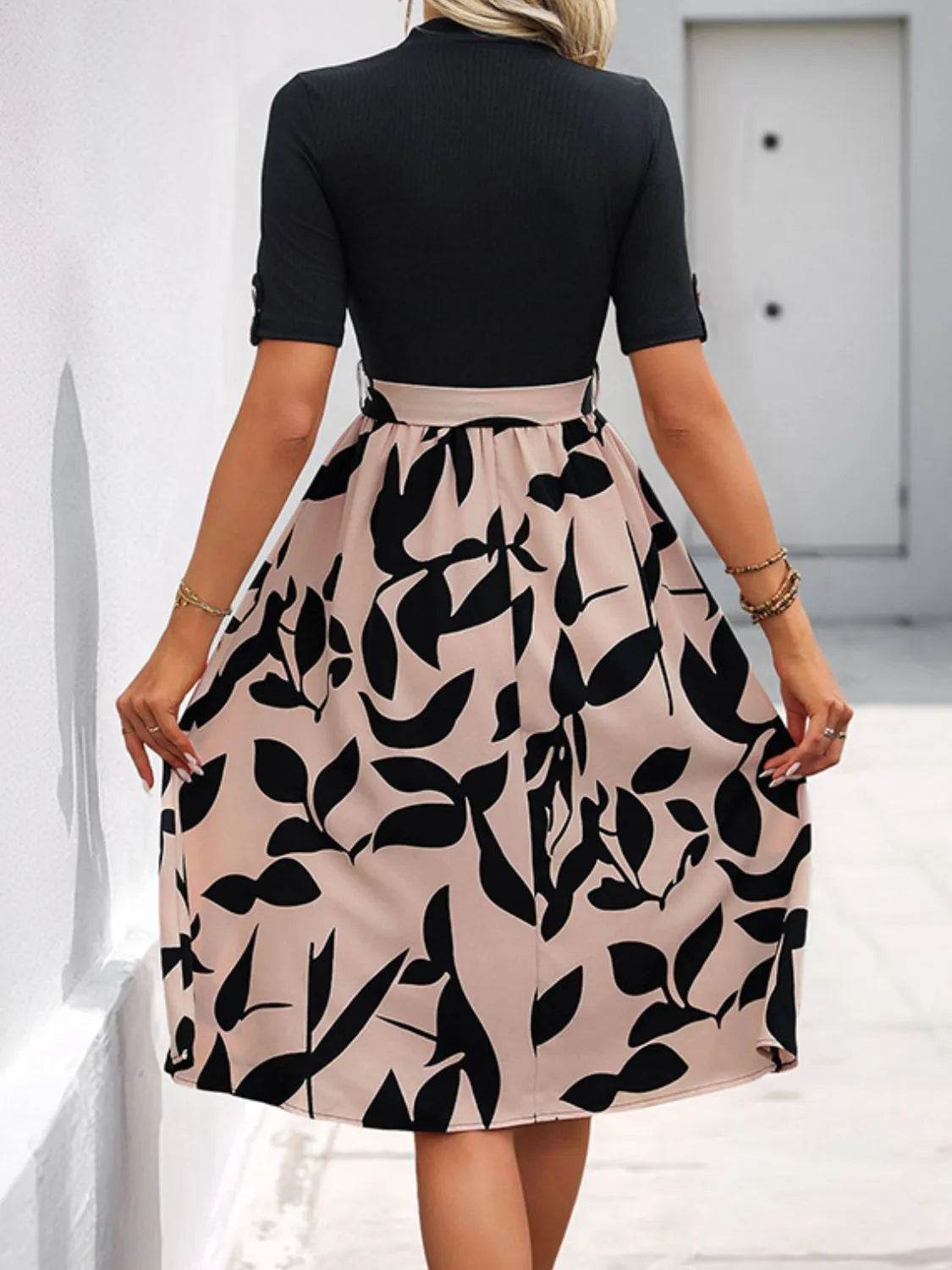Perfee Tied Printed Mock Neck Short Sleeve Dress - Bona Fide Fashion