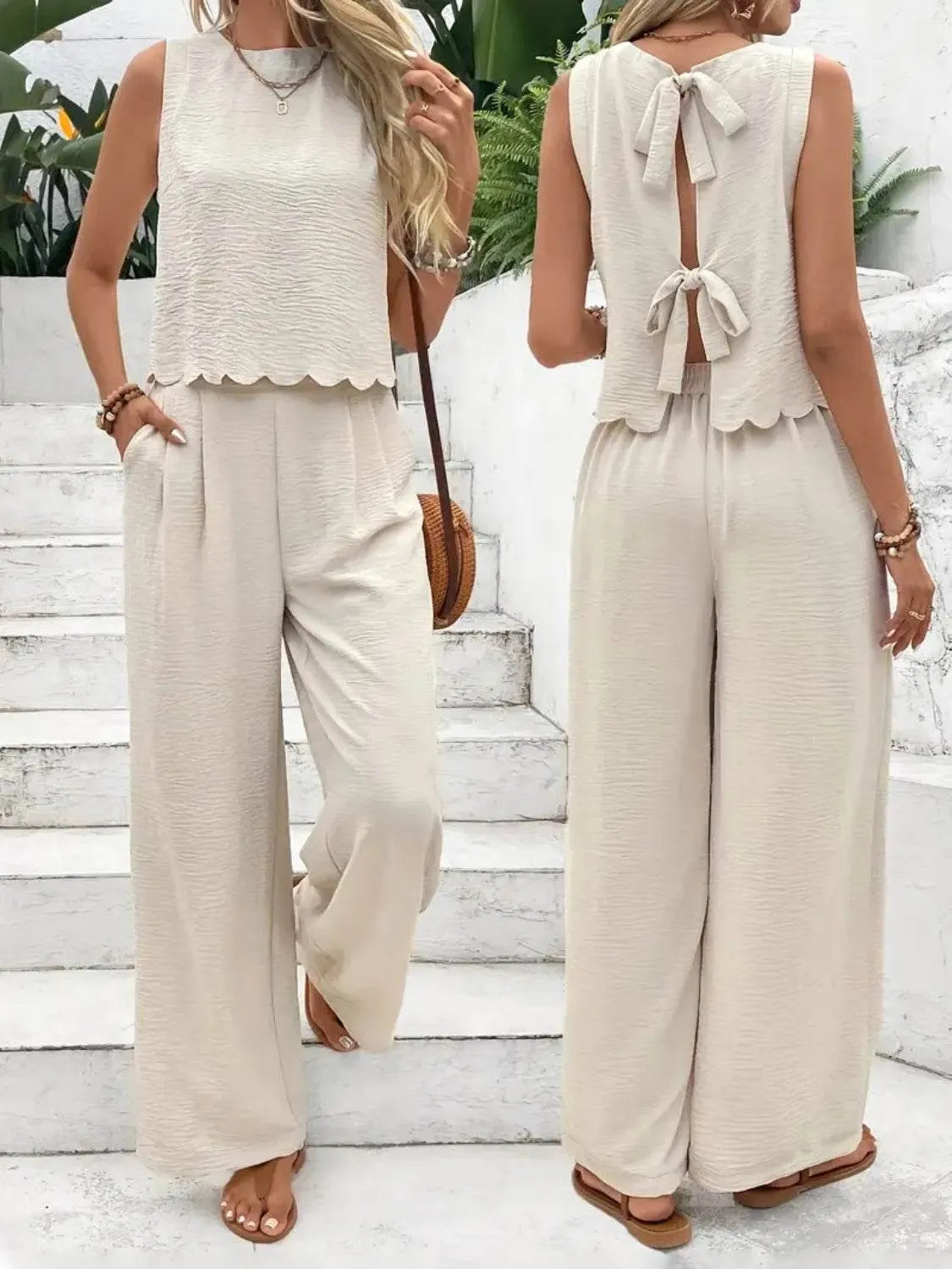 Tie Back Round Neck Top and Pants Set - Bona Fide Fashion