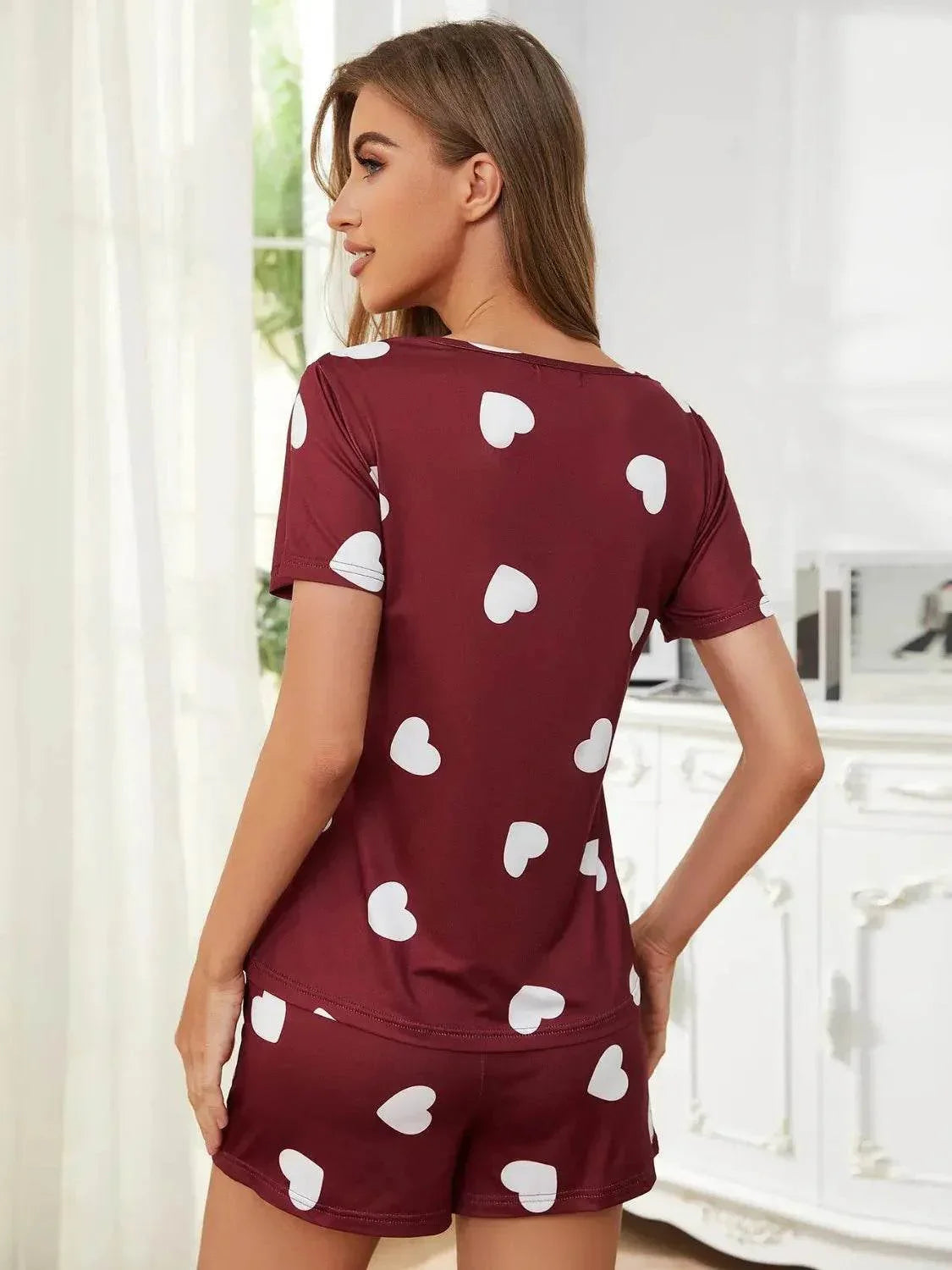 Heart Round Neck and Shorts Lounge Set - Bona Fide Fashion