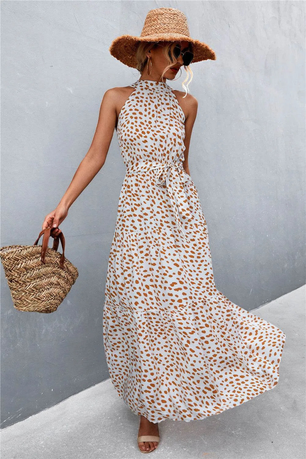 Printed Sleeveless Tie Waist Maxi Dress - Bona Fide Fashion