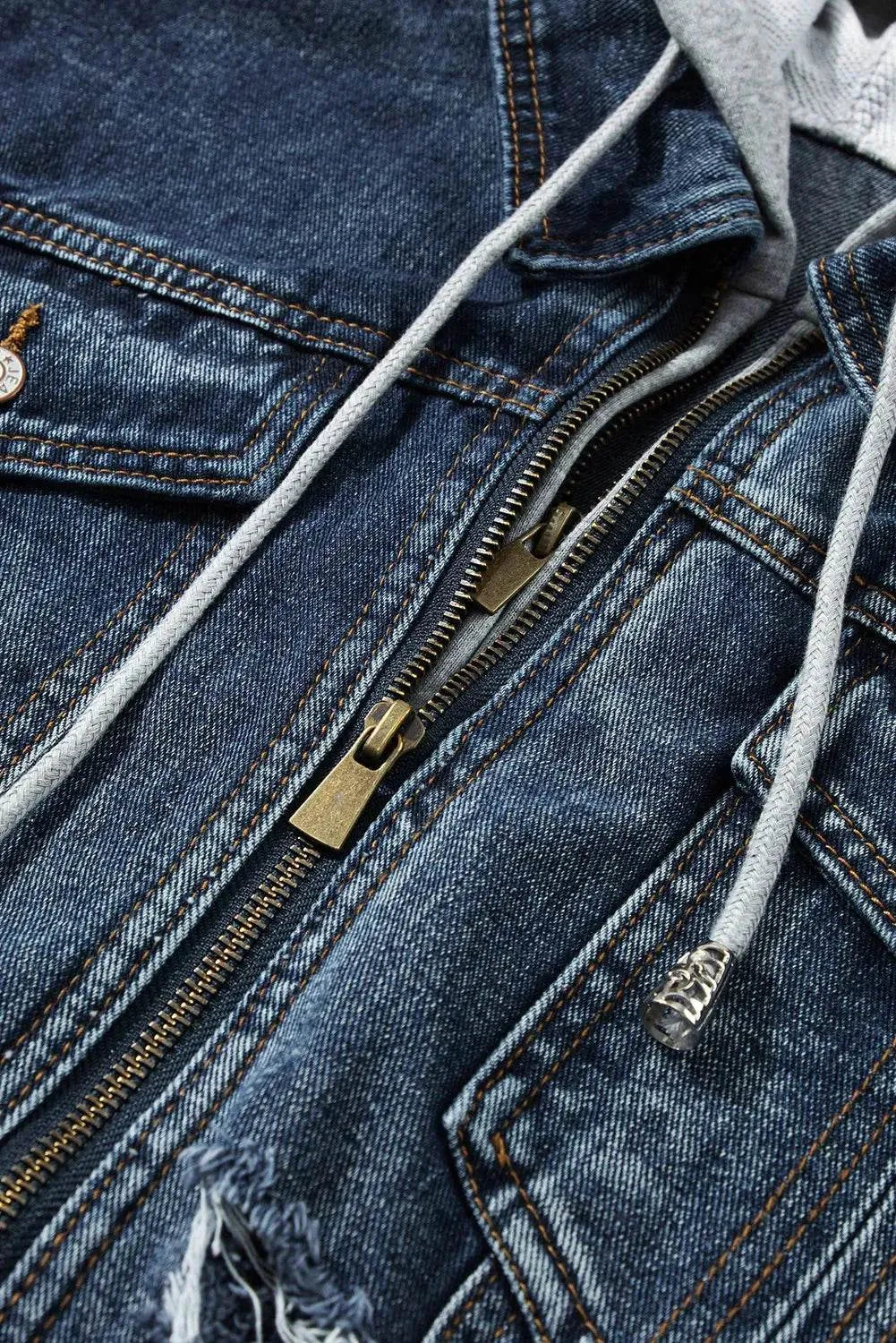 Fake Two-Piece Hooded Zip-Up Denim Jacket - Bona Fide Fashion