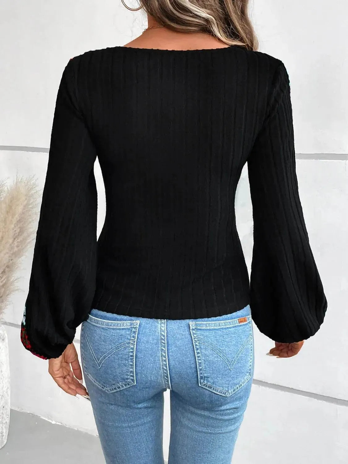 V-Neck Crochet Long Sleeve Top - Bona Fide Fashion
