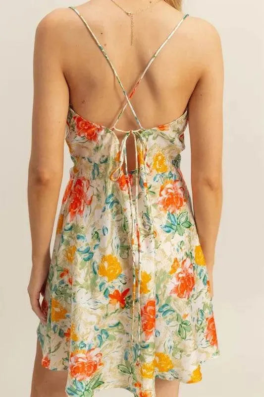 HYFVE Floral Cowl Neck Flirty Satin Mini Dress - Bona Fide Fashion