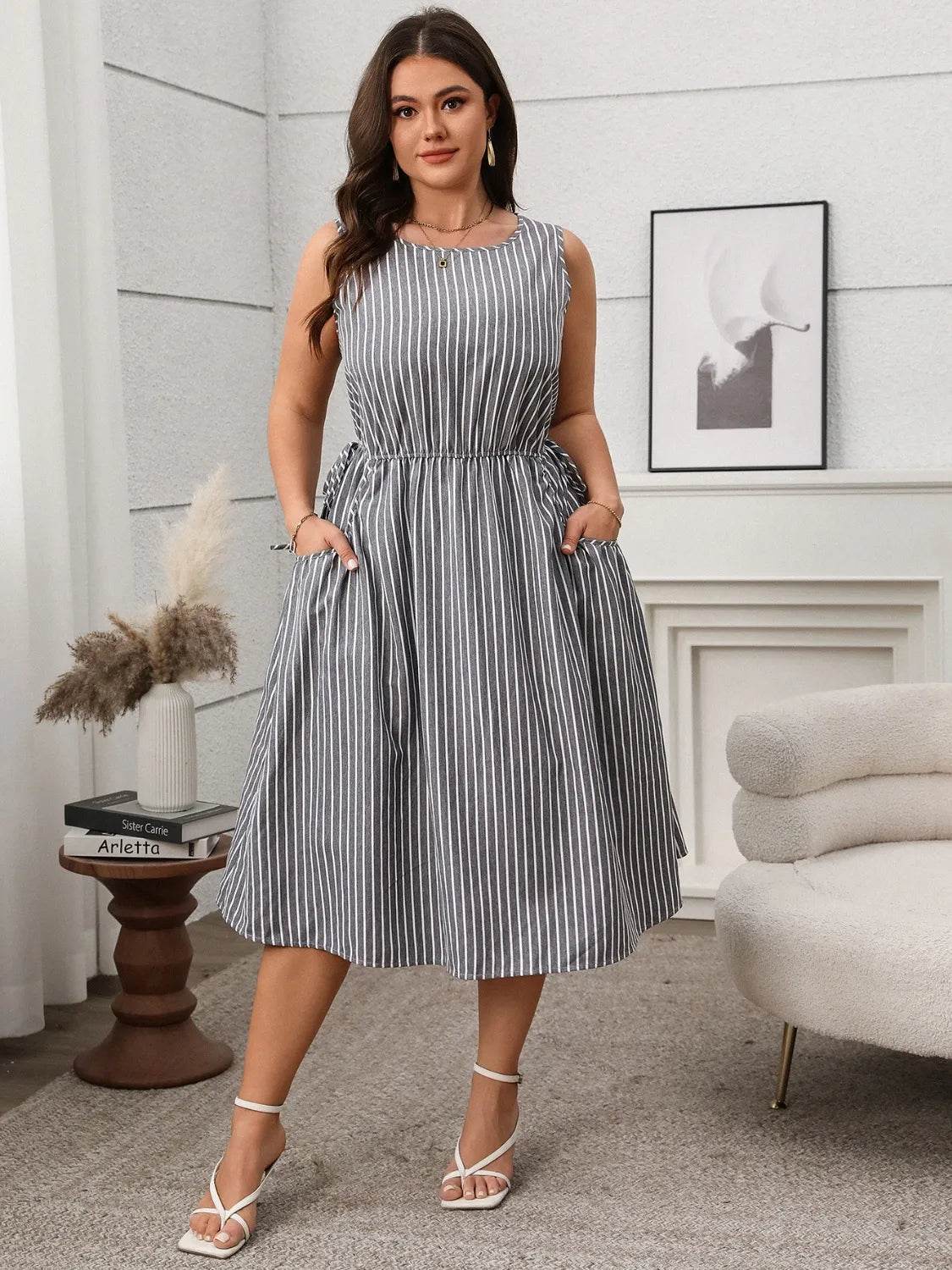 Plus Size Striped Round Neck Sleeveless Dress - Bona Fide Fashion