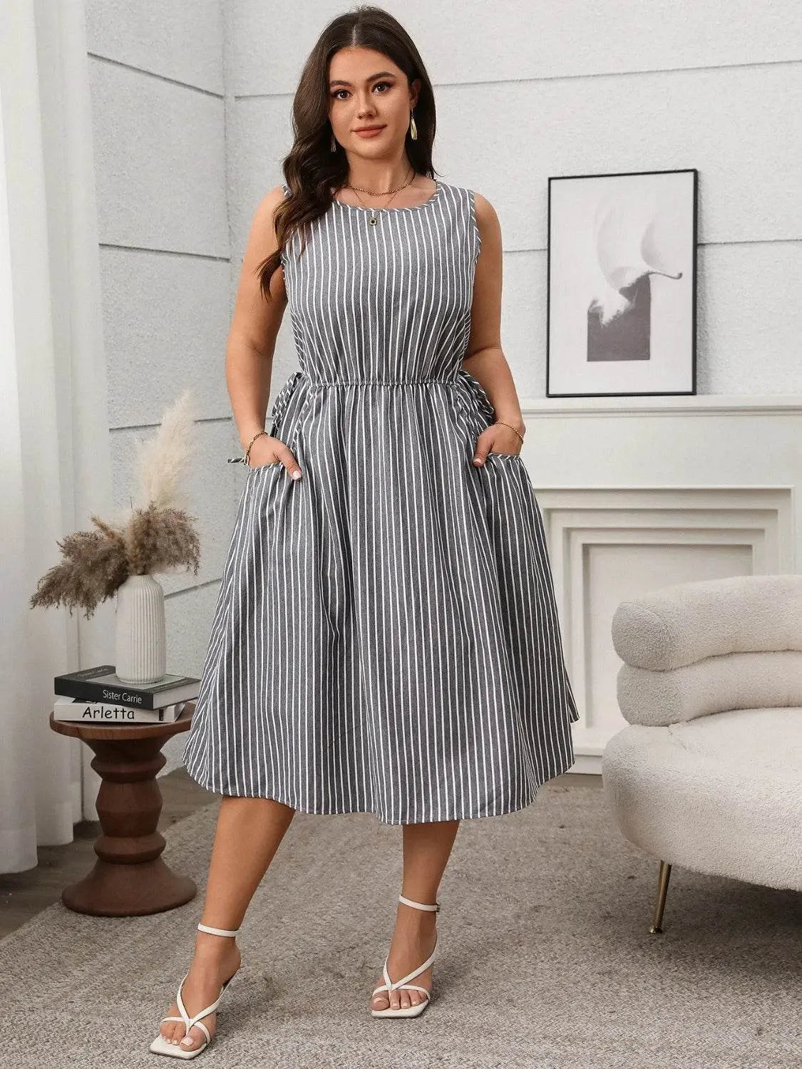 Plus Size Striped Round Neck Sleeveless Dress - Bona Fide Fashion