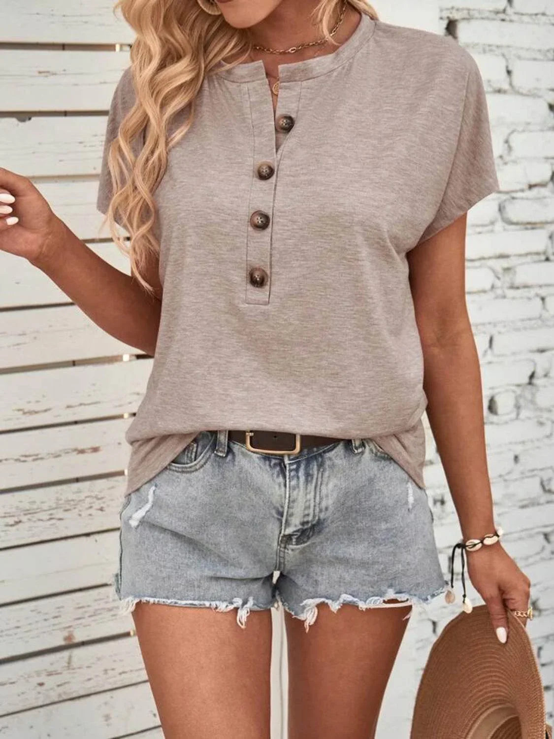 Half Button Short Sleeve Top - Bona Fide Fashion