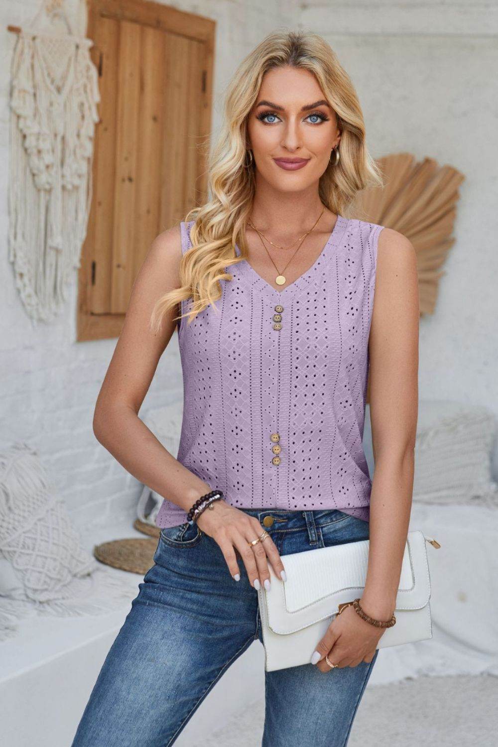 Eyelet Decorative Button V-Neck Tank - Bona Fide Fashion