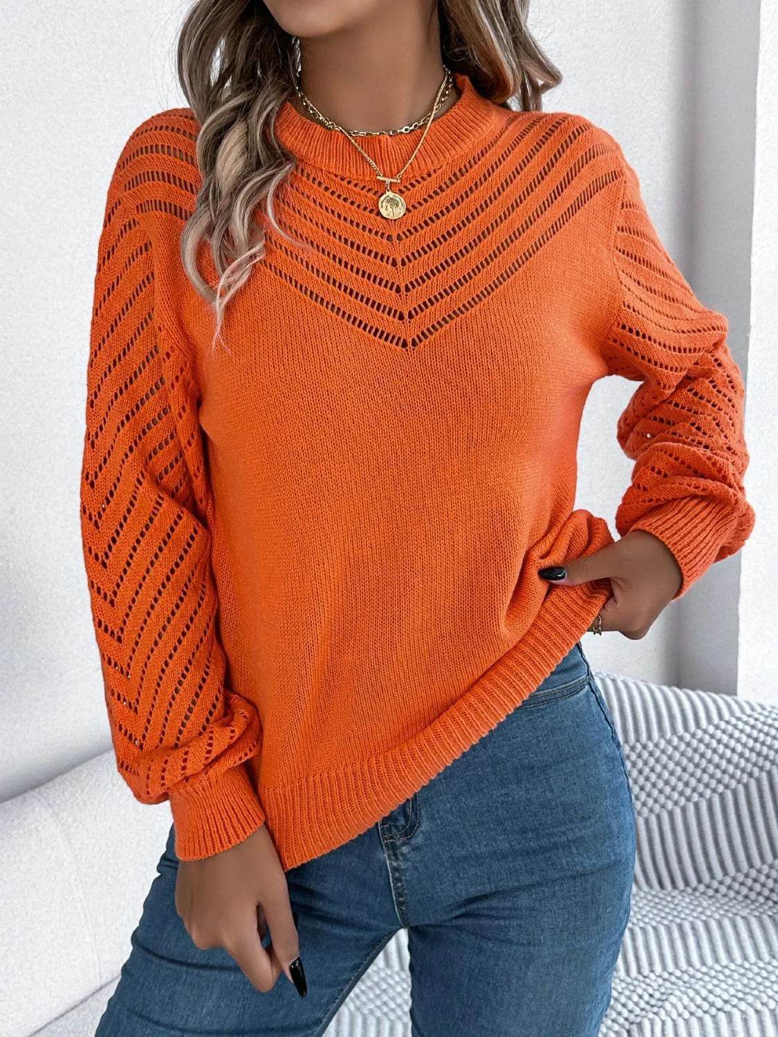 Openwork Round Neck Long Sleeve Knit Top - Bona Fide Fashion