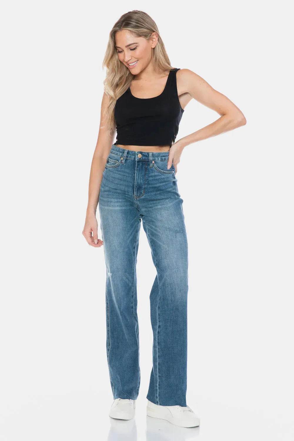 Judy Blue Full Size Tummy Control Cut Raw Hem Straight Jeans - Bona Fide Fashion