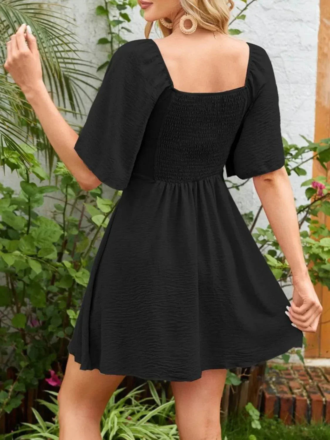 Smocked Back Knotted Flutter Sleeve Dress - Bona Fide Fashion