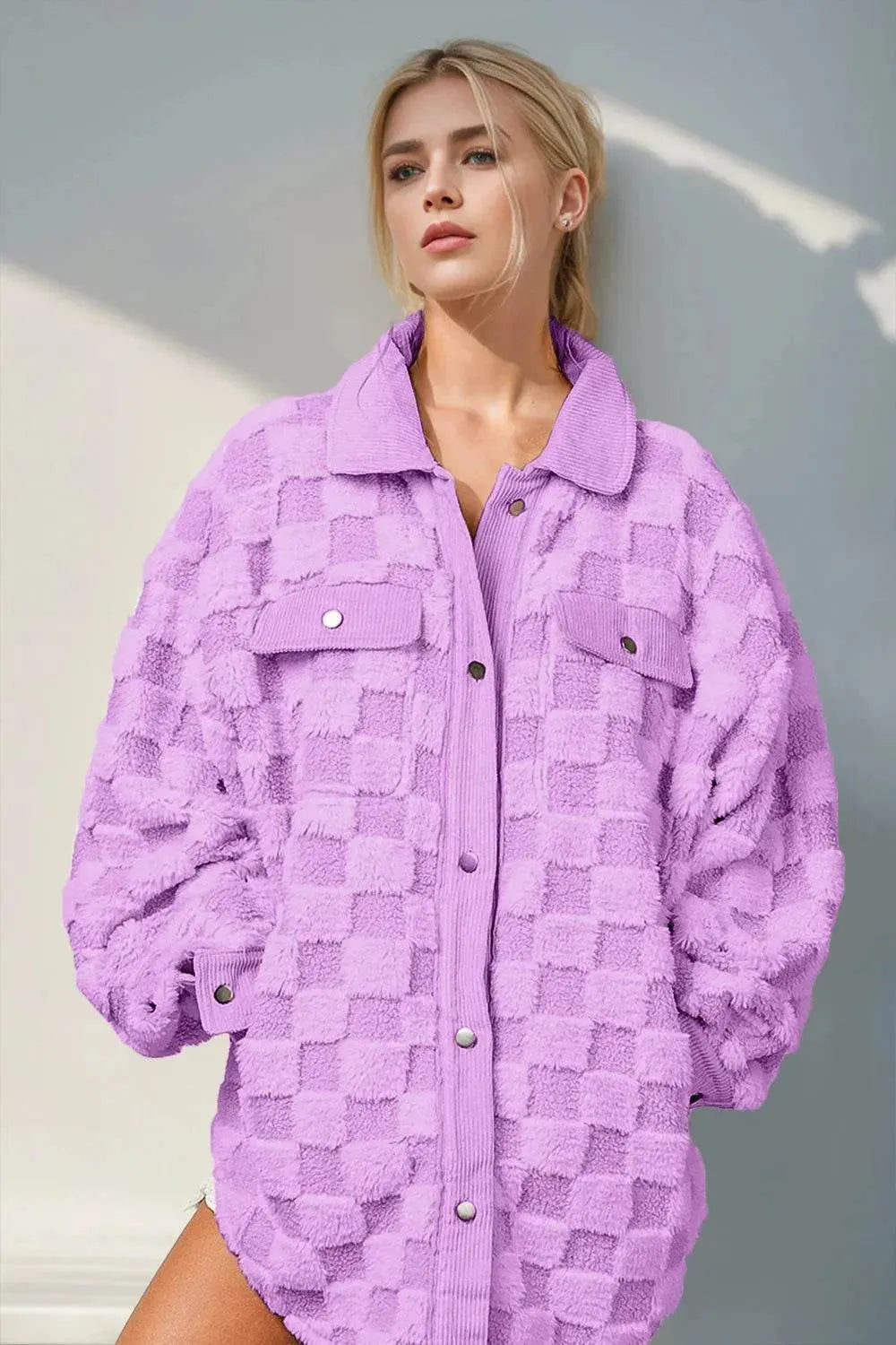 Double Take Button Up Fuzzy Checkered Shacket - Bona Fide Fashion