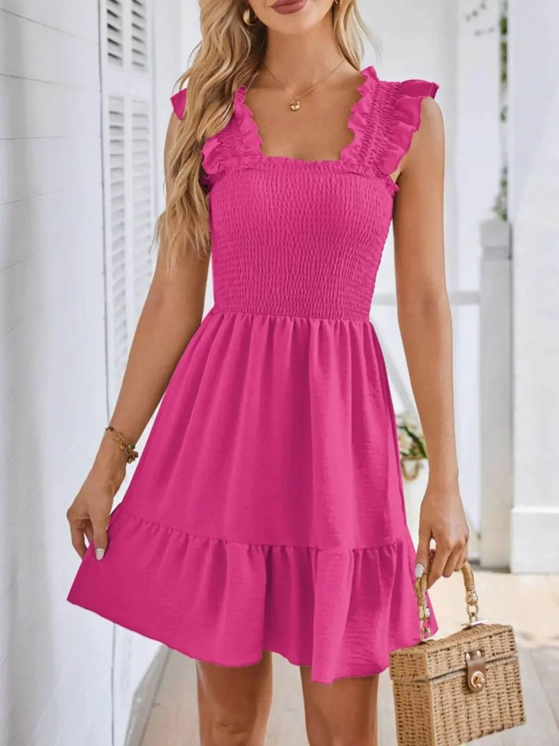 Smocked Square Neck Wide Strap Dress - Bona Fide Fashion