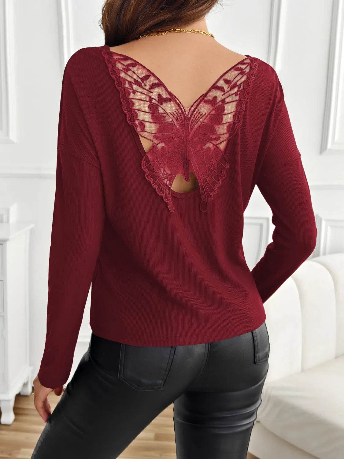 Lace Detail Butterfly Back Round Neck Long Sleeve T-Shirt - Bona Fide Fashion