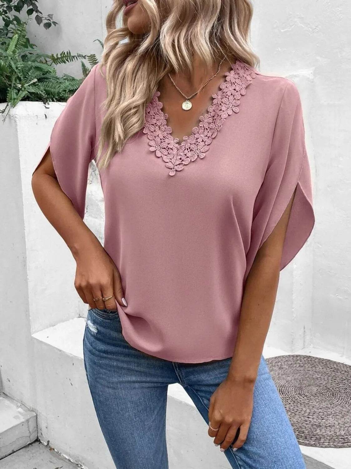 Lace Detail V-Neck Half Sleeve Blouse - Bona Fide Fashion