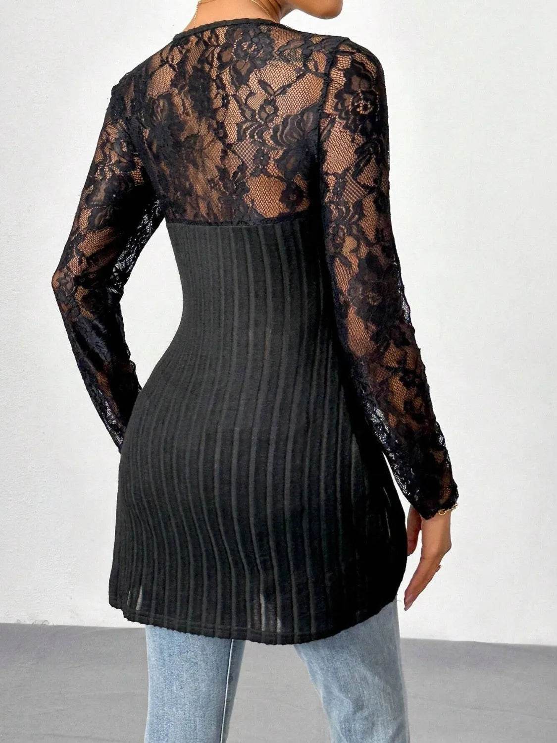 Square Neck Lace Patchwork Long Sleeve T-Shirt - Bona Fide Fashion