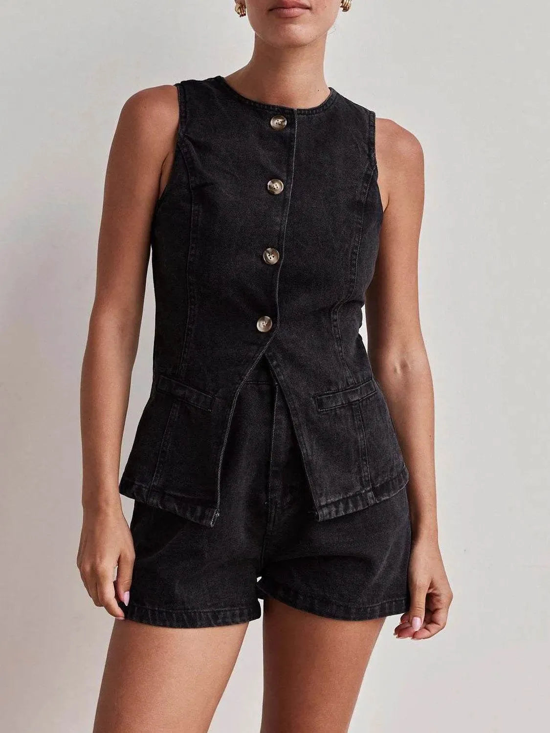 Button Down Vest and Shorts Denim Set - Bona Fide Fashion