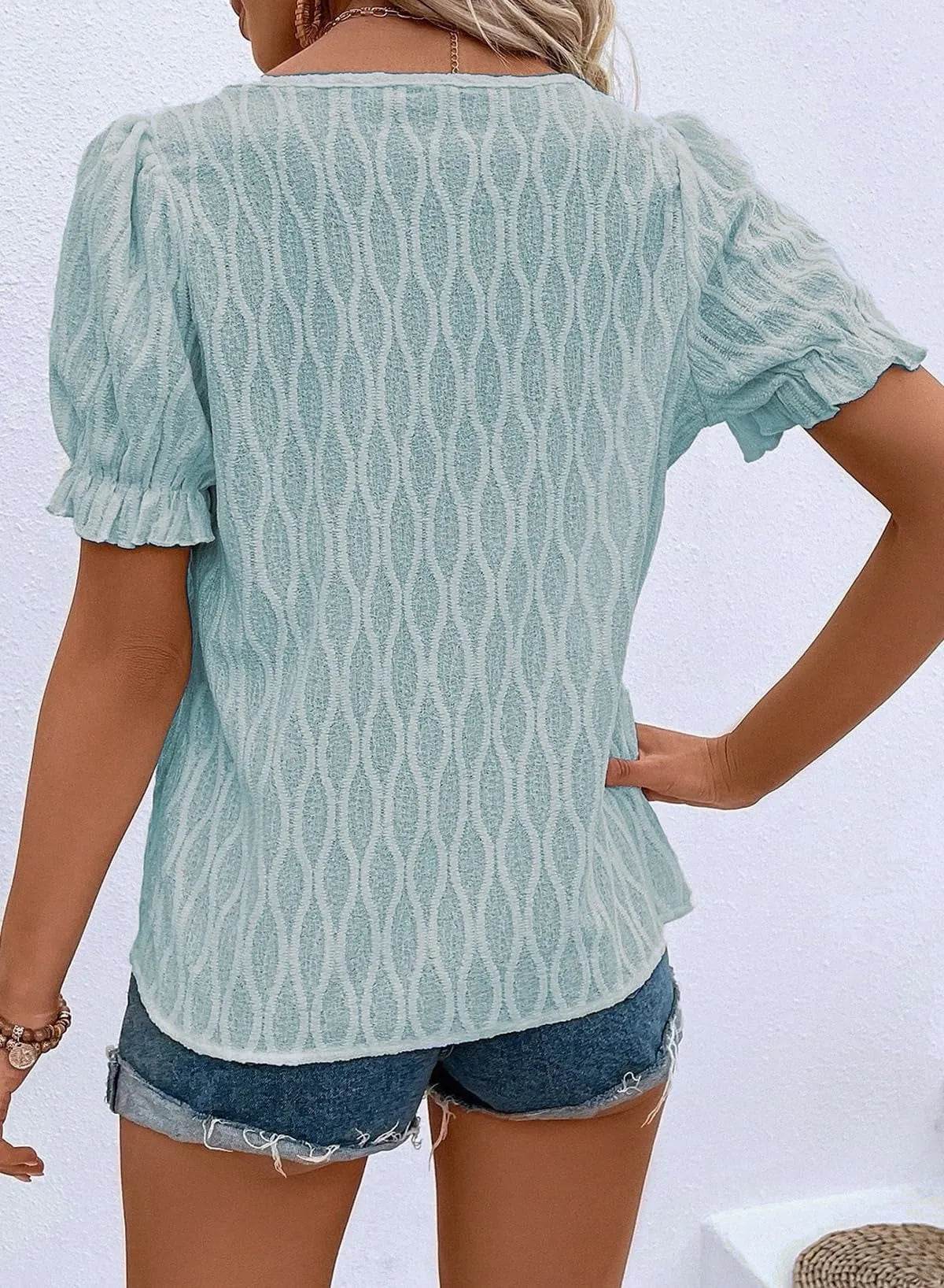 Texture Notched Short Sleeve Blouse - Bona Fide Fashion