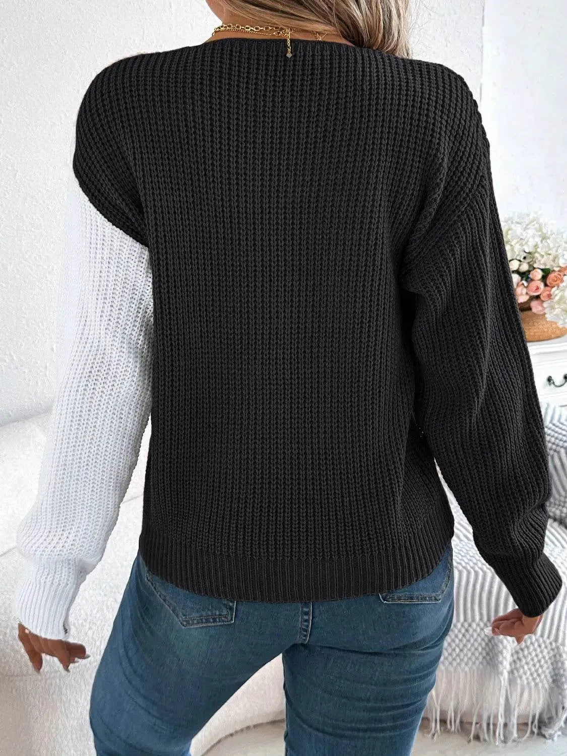 Two-Tone V-Neck Long Sleeve Sweater - Bona Fide Fashion