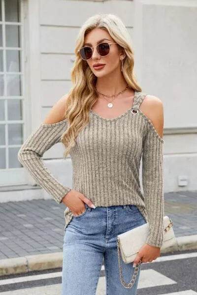 Ribbed Cold Shoulder Long Sleeve Top - Bona Fide Fashion