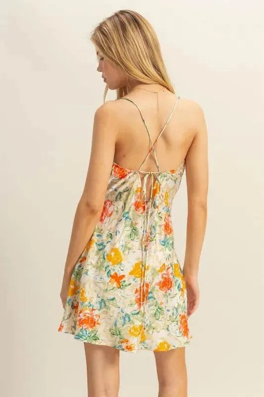HYFVE Floral Cowl Neck Flirty Satin Mini Dress - Bona Fide Fashion