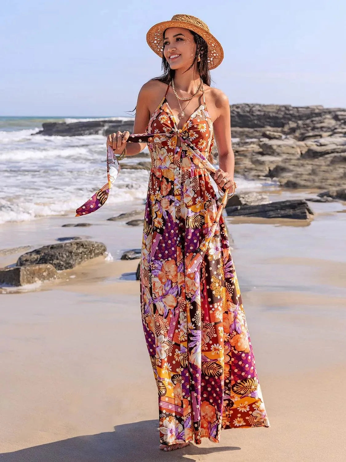 Slit Printed Halter Neck Cami Dress - Bona Fide Fashion