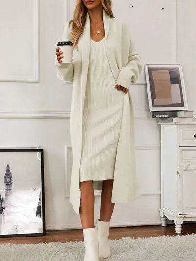 V-Neck Cami Dress and Open Front Cardigan Sweater Set - Bona Fide Fashion