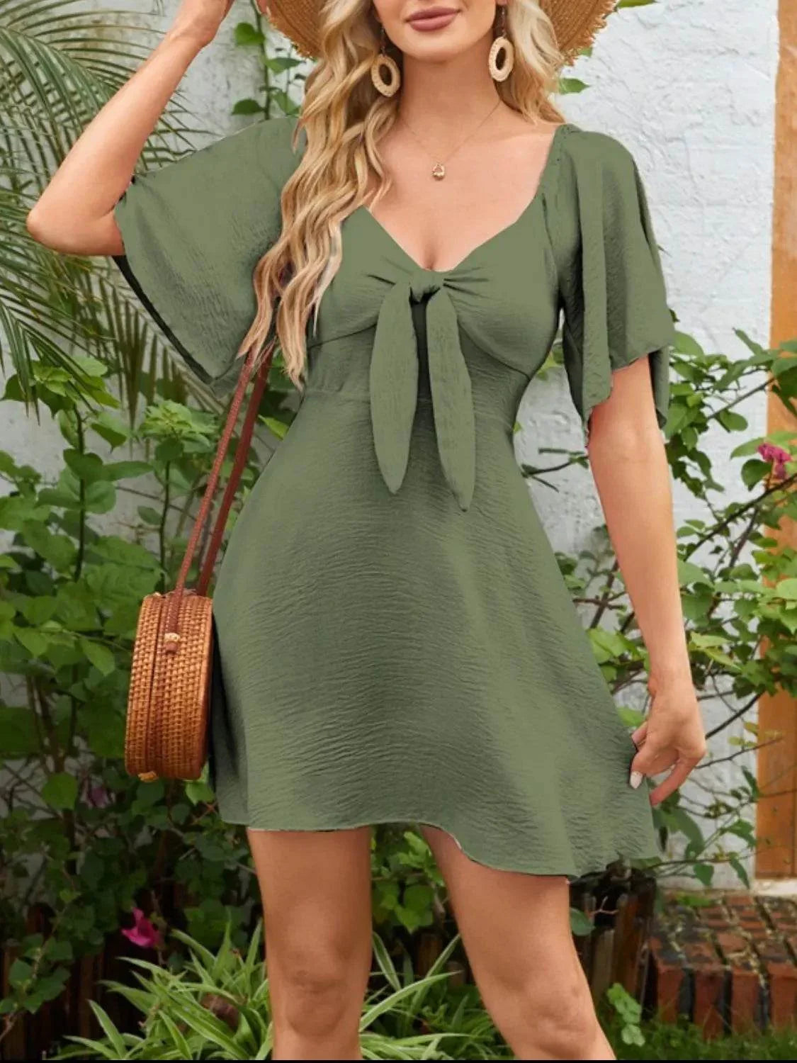Smocked Back Knotted Flutter Sleeve Dress - Bona Fide Fashion
