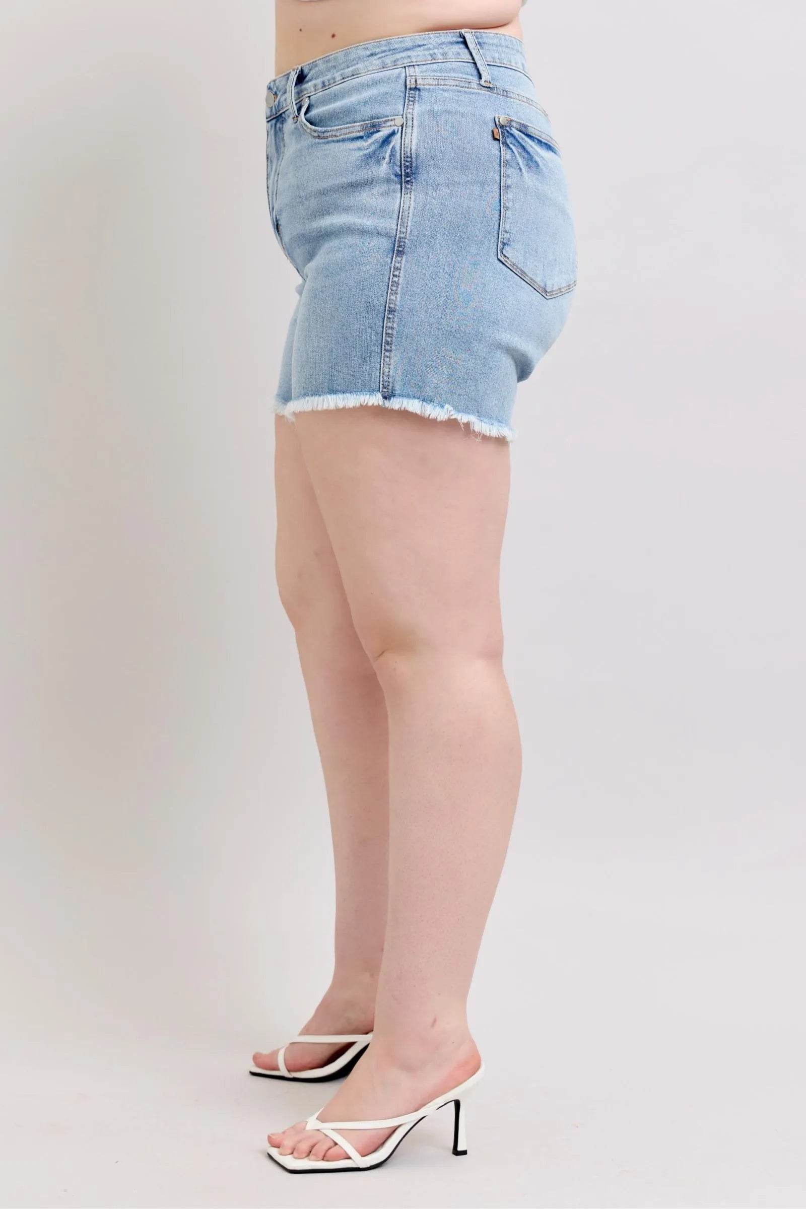 Judy Blue Full Size Tummy Control Raw Hem Denim Shorts Plus Size - Bona Fide Fashion