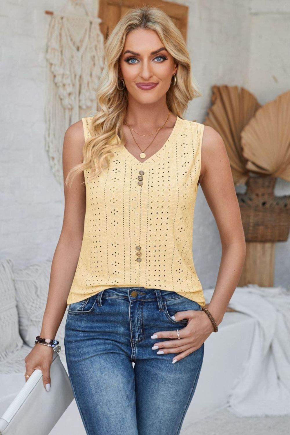 Eyelet Decorative Button V-Neck Tank - Bona Fide Fashion