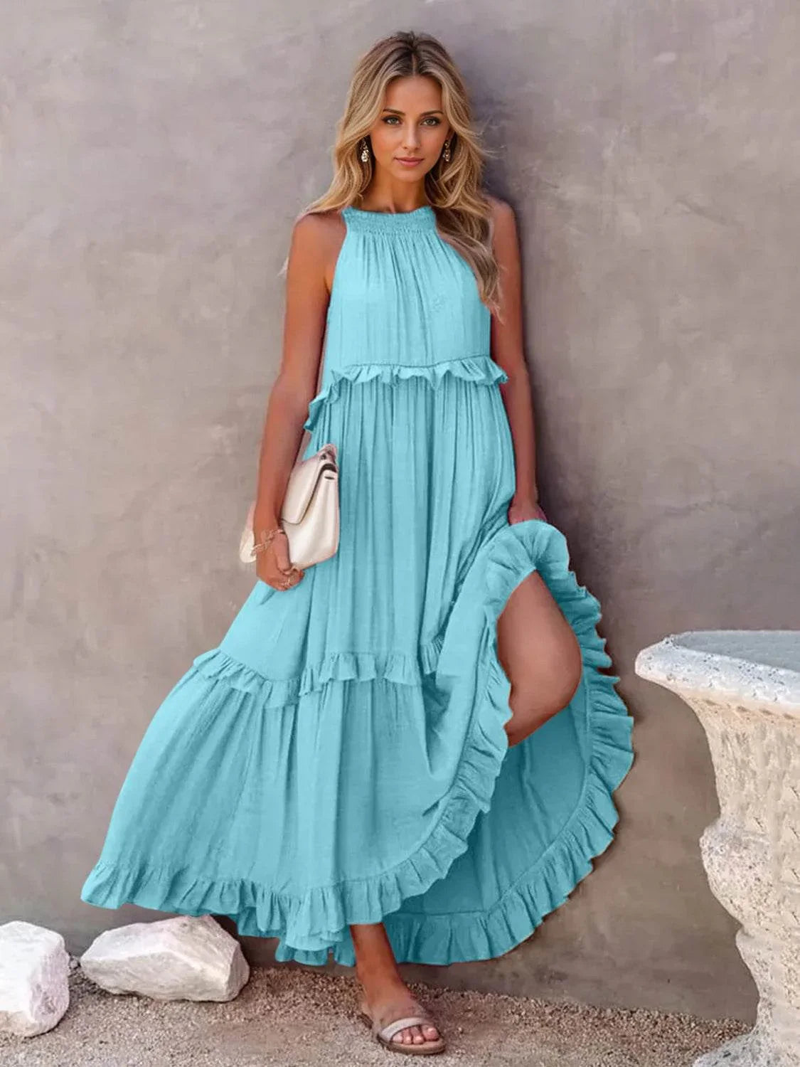 Ruffled Sleeveless Tiered Maxi Dress with Pockets - Bona Fide Fashion
