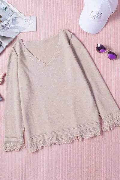 Exposed Seam Fringe Hem V-Neck Long Sleeve Sweater - Bona Fide Fashion