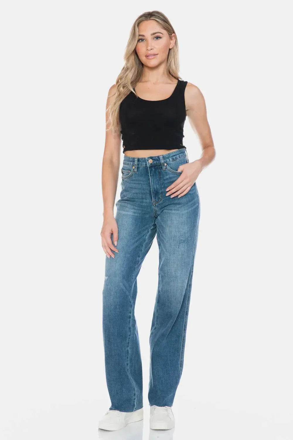 Judy Blue Full Size Tummy Control Cut Raw Hem Straight Jeans - Bona Fide Fashion
