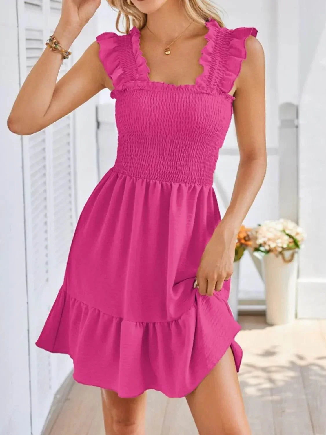 Smocked Square Neck Wide Strap Dress - Bona Fide Fashion