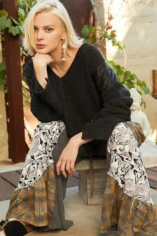 POL Cable Knit Quilting Patch V-Neck Sweater - Bona Fide Fashion