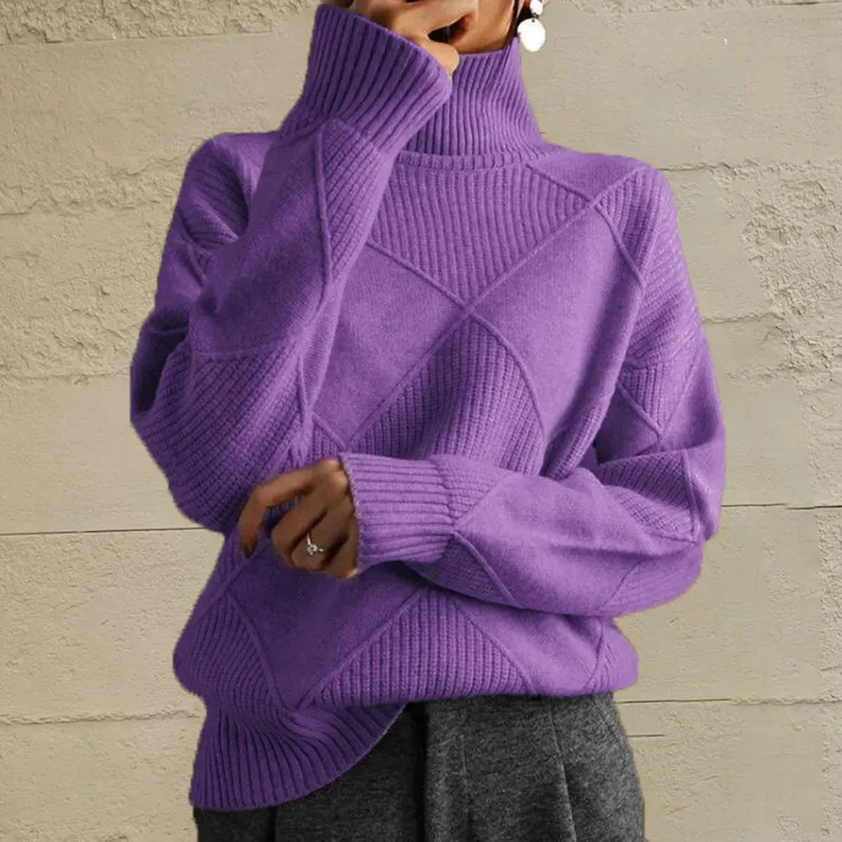Geometric Turtleneck Long Sleeve Sweater - Bona Fide Fashion