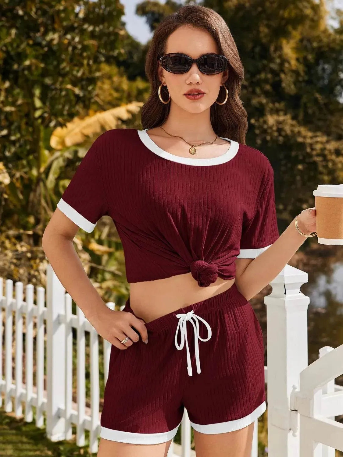 Ribbed Round Neck Top and Shorts Set - Bona Fide Fashion