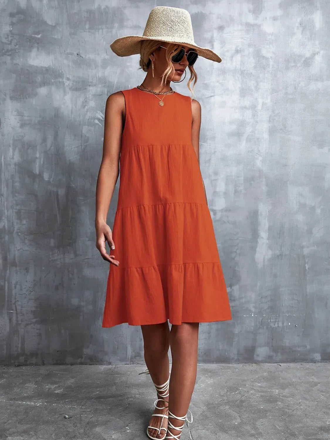 Tiered Round Neck Sleeveless Mini Tank Dress - Bona Fide Fashion