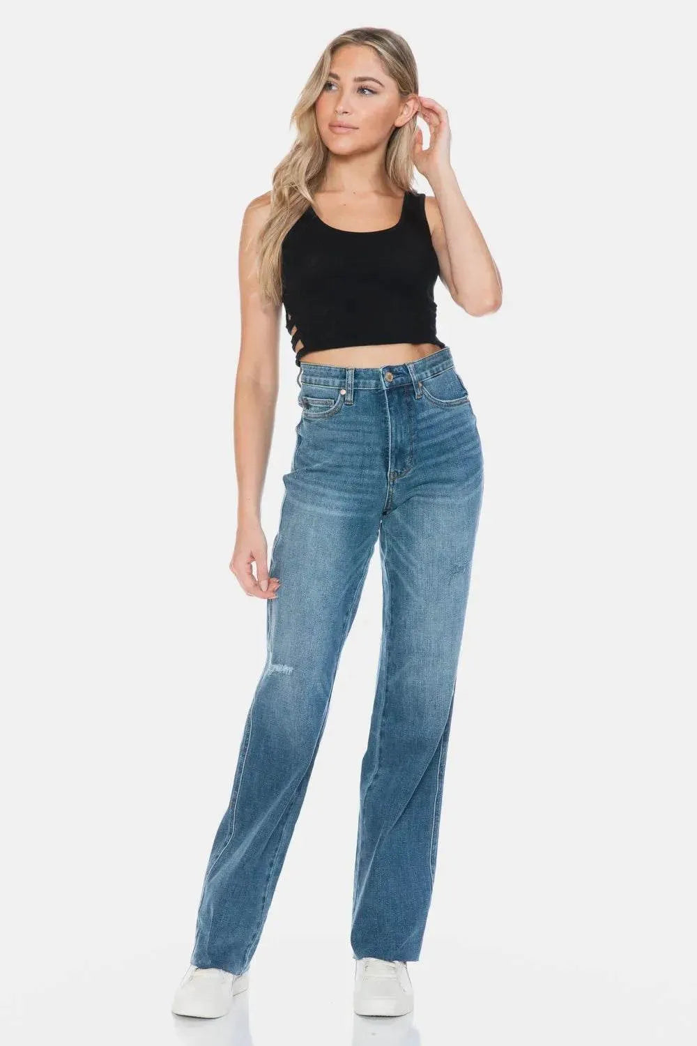 Judy Blue Full Size Tummy Control Cut Raw Hem Straight Jeans - Bona Fide Fashion