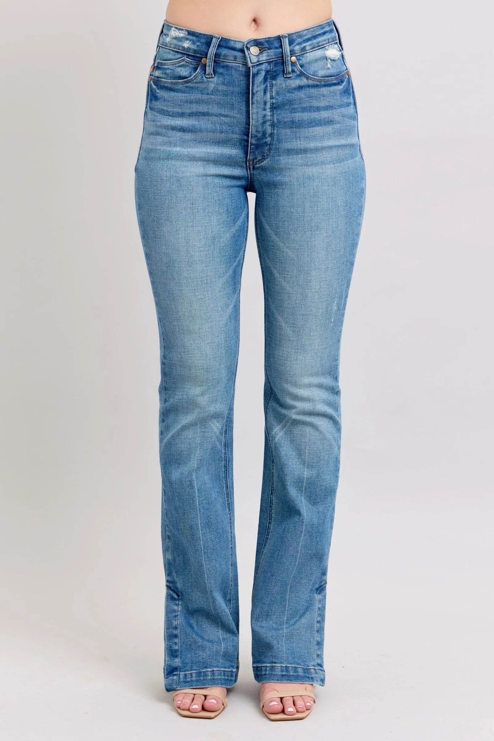 Judy Blue HW Tummy Control Vintage Wash Side Slit Slim Boot Jeans - Bona Fide Fashion