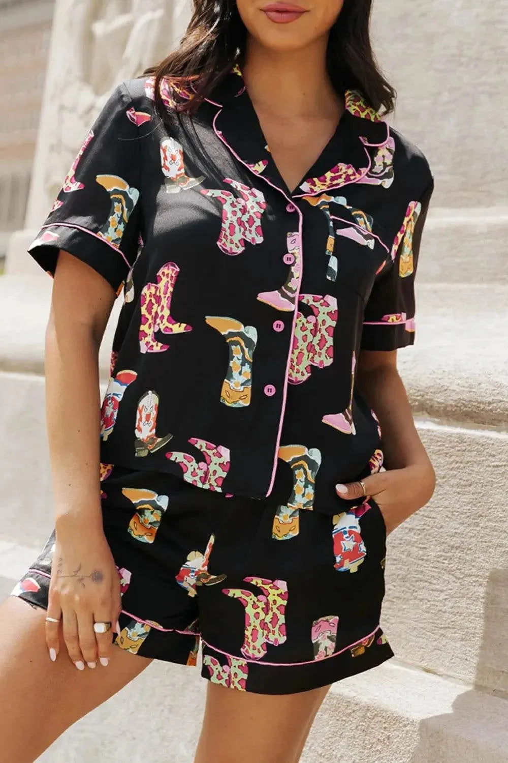 Printed Button Up Short Sleeve and Shorts Lounge Set - Bona Fide Fashion