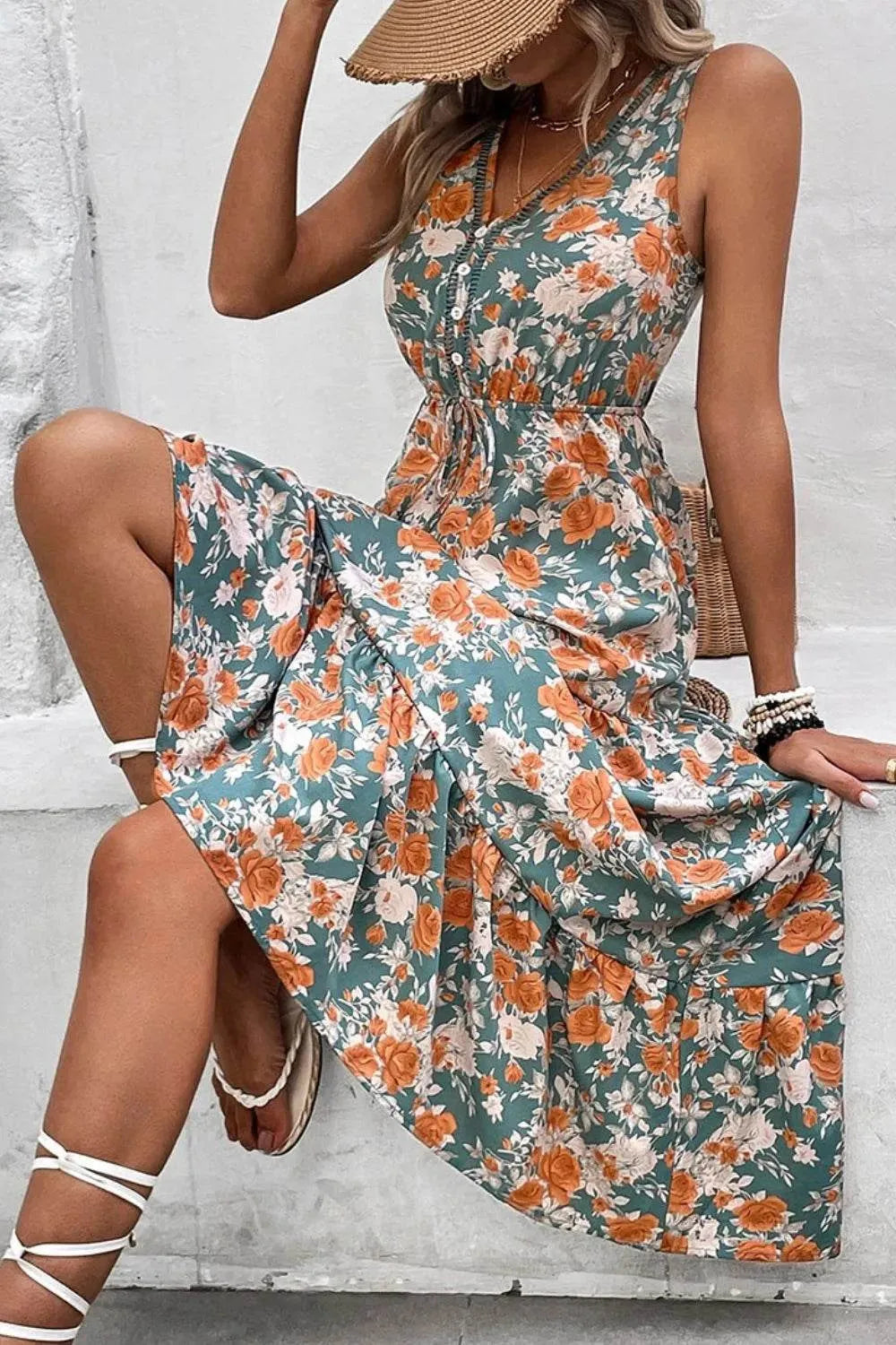 Floral Print Trimmed V Neck Tie Waist Sleeveless Dress - Bona Fide Fashion