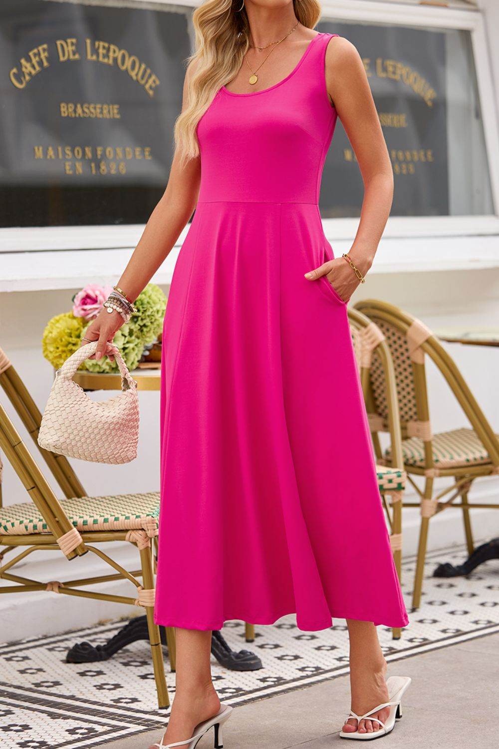 Side Slit Scoop Neck Wide Strap Dress - Bona Fide Fashion