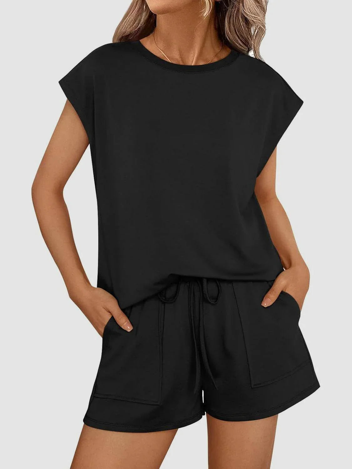 Round Neck Cap Sleeve Top and Shorts Set - Bona Fide Fashion