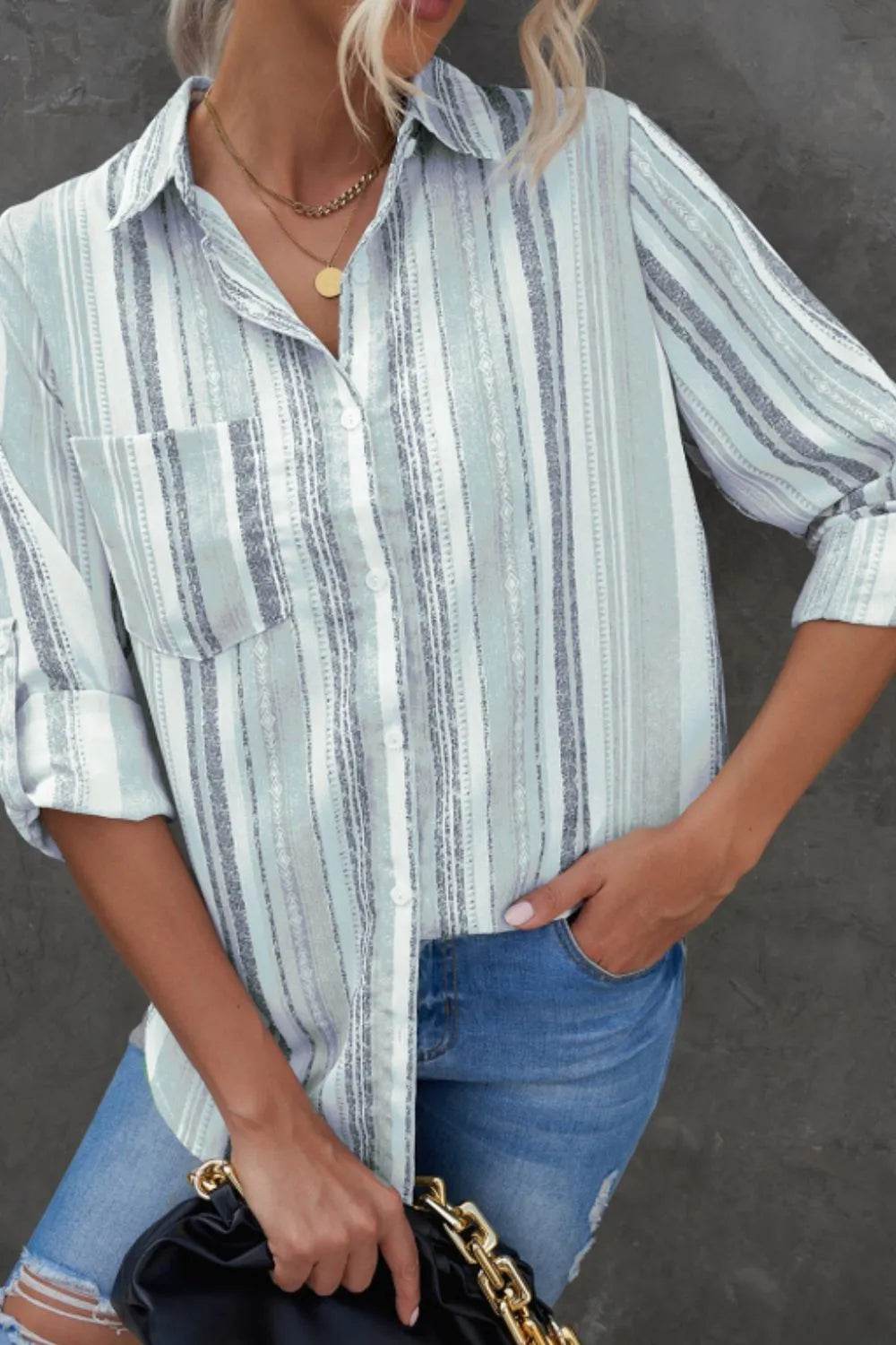 Striped Collared Neck Long Sleeve Shirt - Bona Fide Fashion
