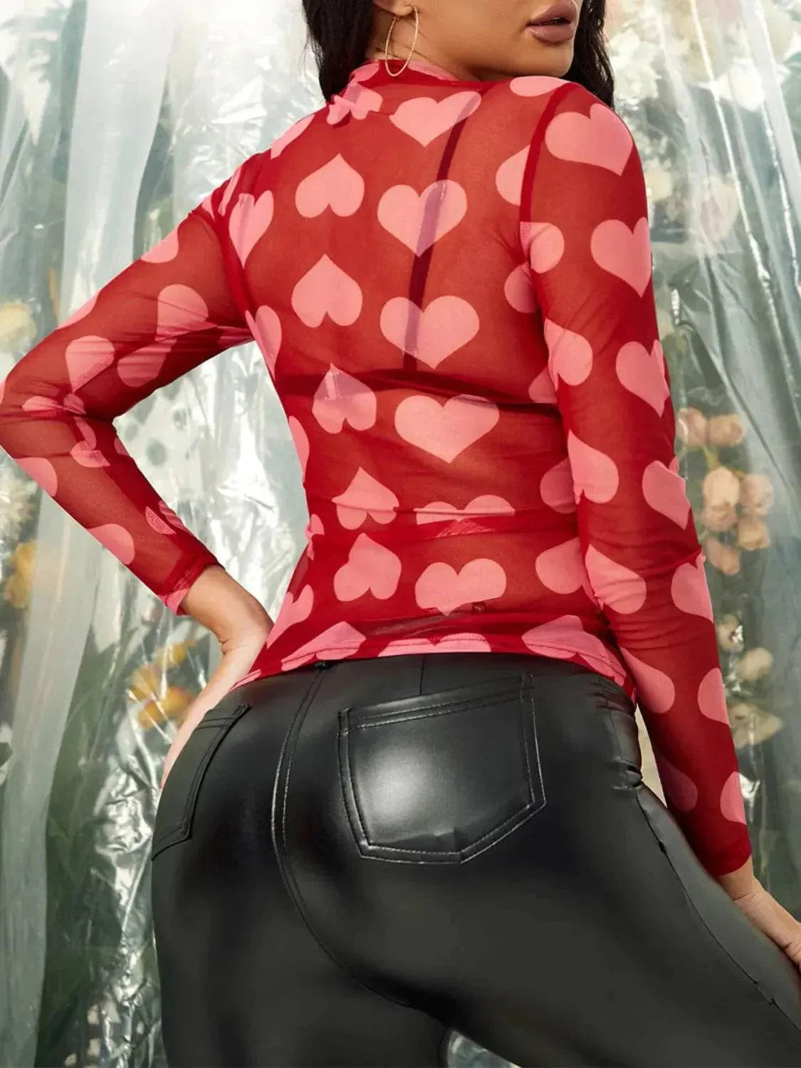 Heart Mock Neck Long Sleeve Sheer Top - Bona Fide Fashion