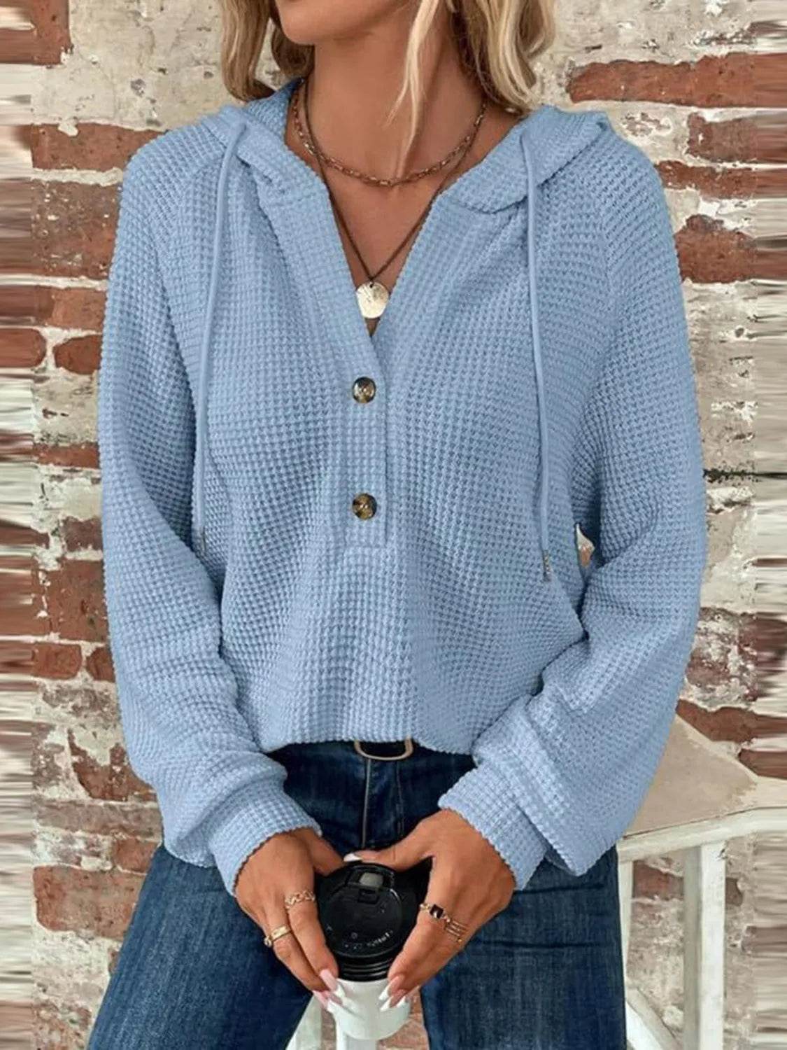 Waffle Knit Long Sleeve Drawstring Hooded Top - Bona Fide Fashion