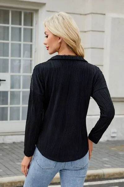 Texture Collared Neck Long Sleeve Blouse - Bona Fide Fashion