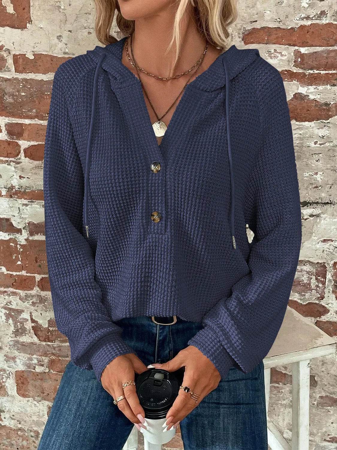 Waffle Knit Long Sleeve Drawstring Hooded Top - Bona Fide Fashion