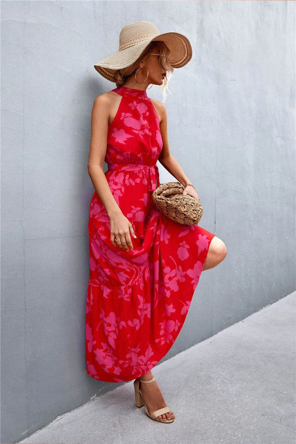 Printed Sleeveless Tie Waist Maxi Dress - Bona Fide Fashion